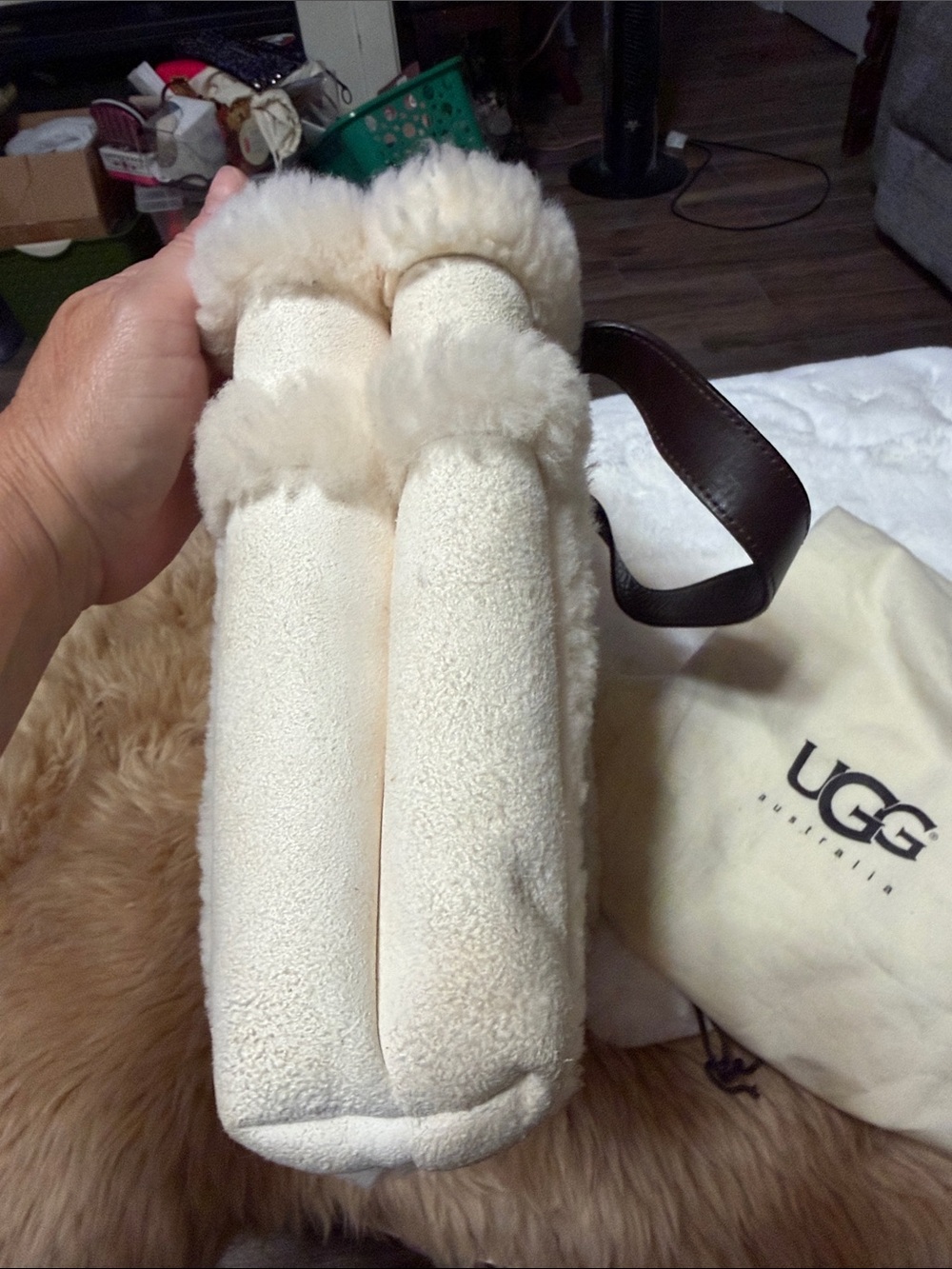 UGG Australia Tote Bag Fur Trimmed, Cream Color Suede w/ Brown Leather Front - Picture 7 of 10